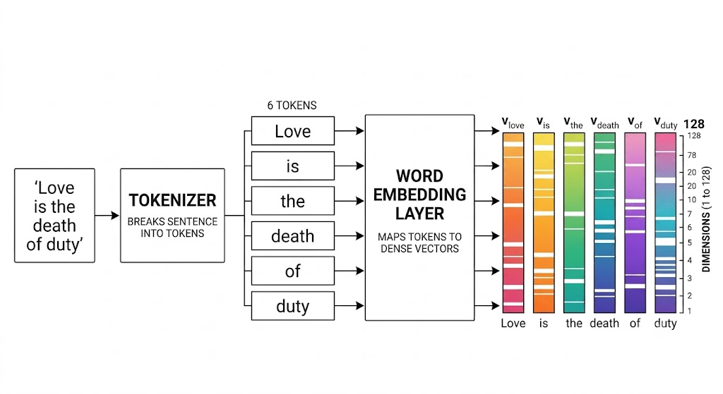 Diagram showing the sentence 'Love is the death of duty' being tokenized into 6 tokens, then mapped through a Word Embedding Layer into 6 dense 128-dimensional vectors